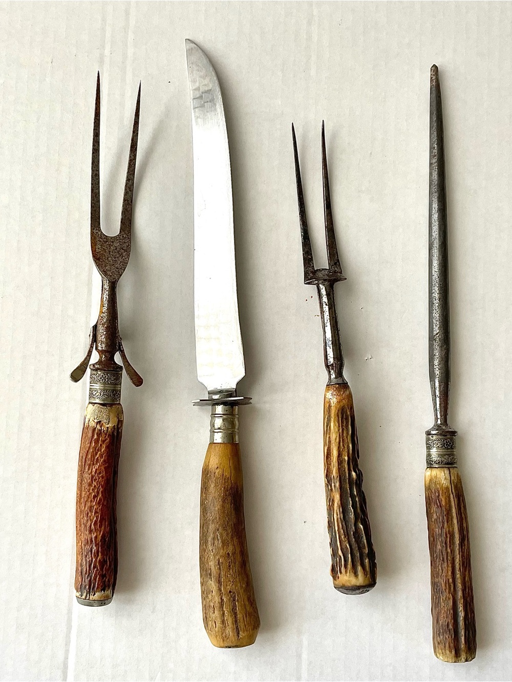 Antique  Horn Carving Set 4pc Knife Forks Sharpening Steel Ornate Metal Trim